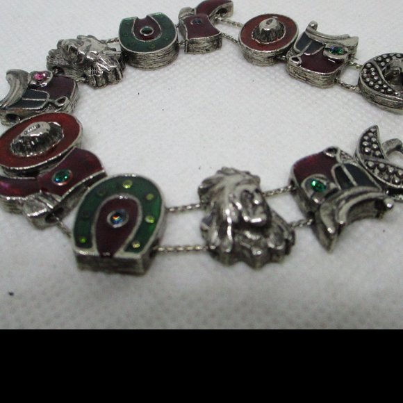 Western Slide Bracelet Rhinestone Enamel Charm Silver Tone Bracelet - Picture 5 of 9